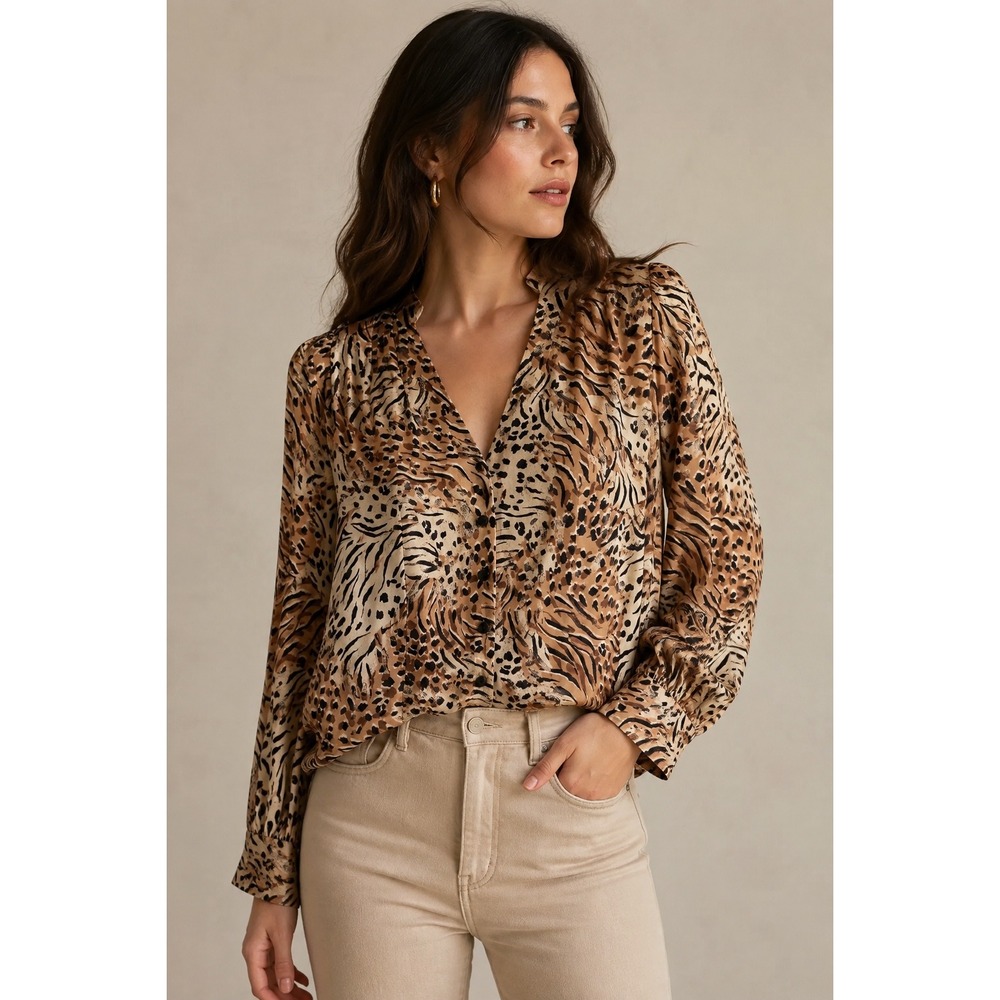 Elie Tahari Silk Animal Print Blouse Leopard Zebra V-Neck Button Front XS